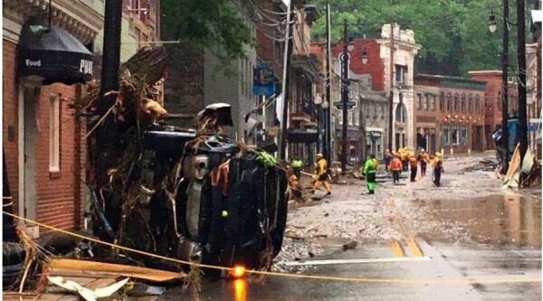 Damage from a flood on a downtown street