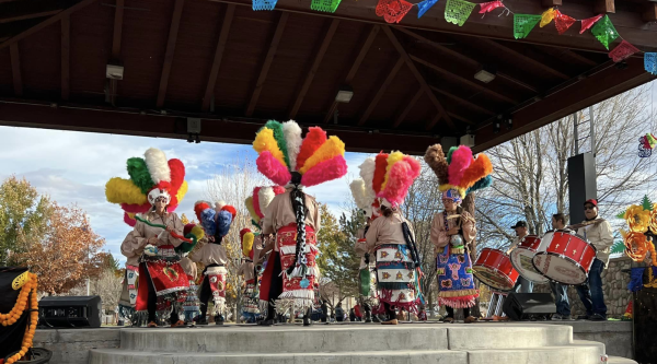 Dancers in traditional Mexican dress on a stage