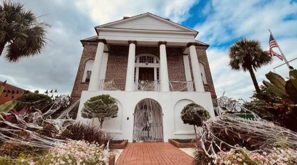 Conway, SC, city hall decorated with fake spiderwebs
