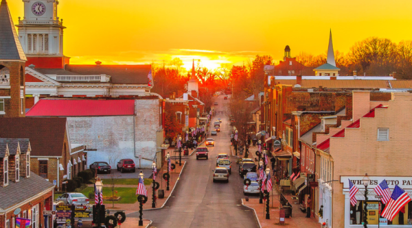 Sunset over historic buildings in downtown Jonesborough TN