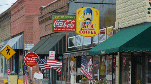 Business signs along a historic Main Street in Steeleville, Missouri