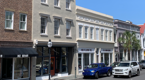 Historic brick buildings along a downtown street