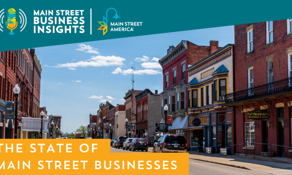 Imagen de un pasillo comercial de una pequeña ciudad. El texto en primer plano dice "Main Street Business Insights" en la parte superior, y "The State of Main Street Businesses" en la parte inferior.