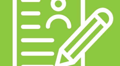 A bright green square with white line art depicting a job application and pencil.