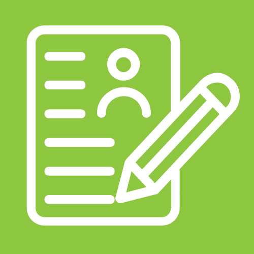 A bright green square with white line art depicting a job application and pencil.